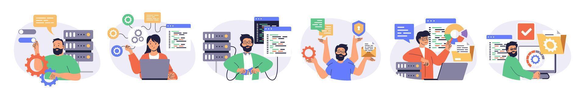 System administrator concept set with characters in flat design for web. People monitoring server infrastructure, doing maintenance and technical repair, managing database. illustrations. vector