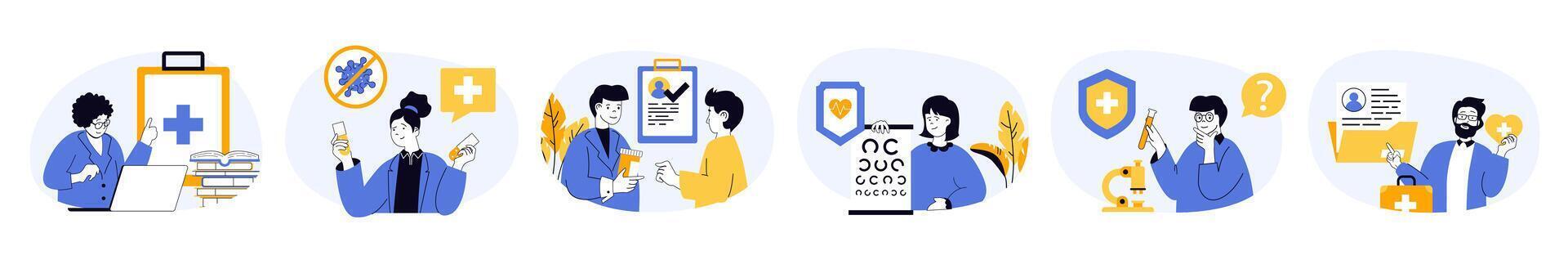 Medical concept set with characters in flat design for web. People makes diagnosis, prescribes treatments and and prevention procedures, visiting ophthalmologist in clinic. illustrations. vector