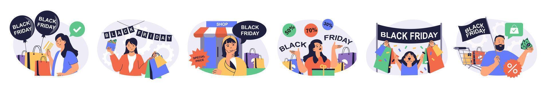 Black friday shopping concept set with characters in flat design for web. People with bags making purchases with special discount prices on season sale and getting store gifts. illustrations. vector