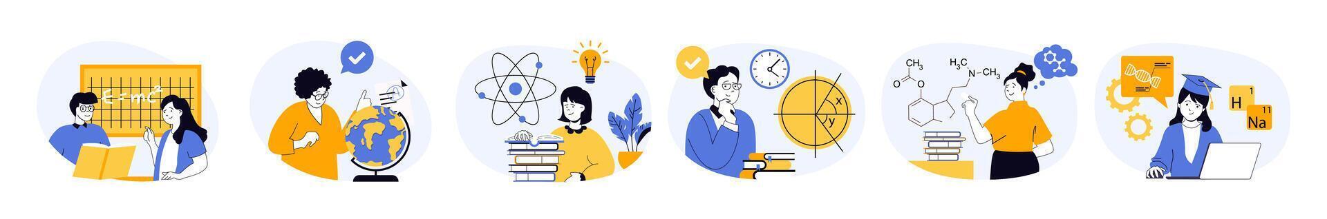 Education concept set with characters in flat design for web. People studying in class, answering by blackboard, getting knowledges, solving math problems and learning science. illustrations. vector