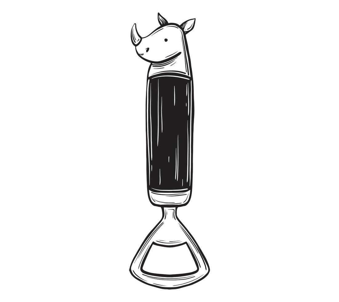 Hand Drawn Bottle Opener with rhinoceros Illustration. Tourist corkscrew illustration in linear drawing style for adventure or camping on isolated background. for tourism trip or hiking. vector