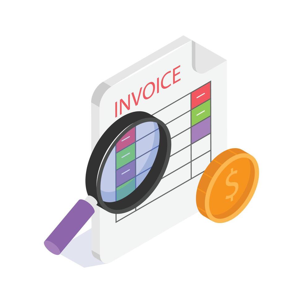 An invoice under a magnifying glass, symbolizing invoice review or details vector
