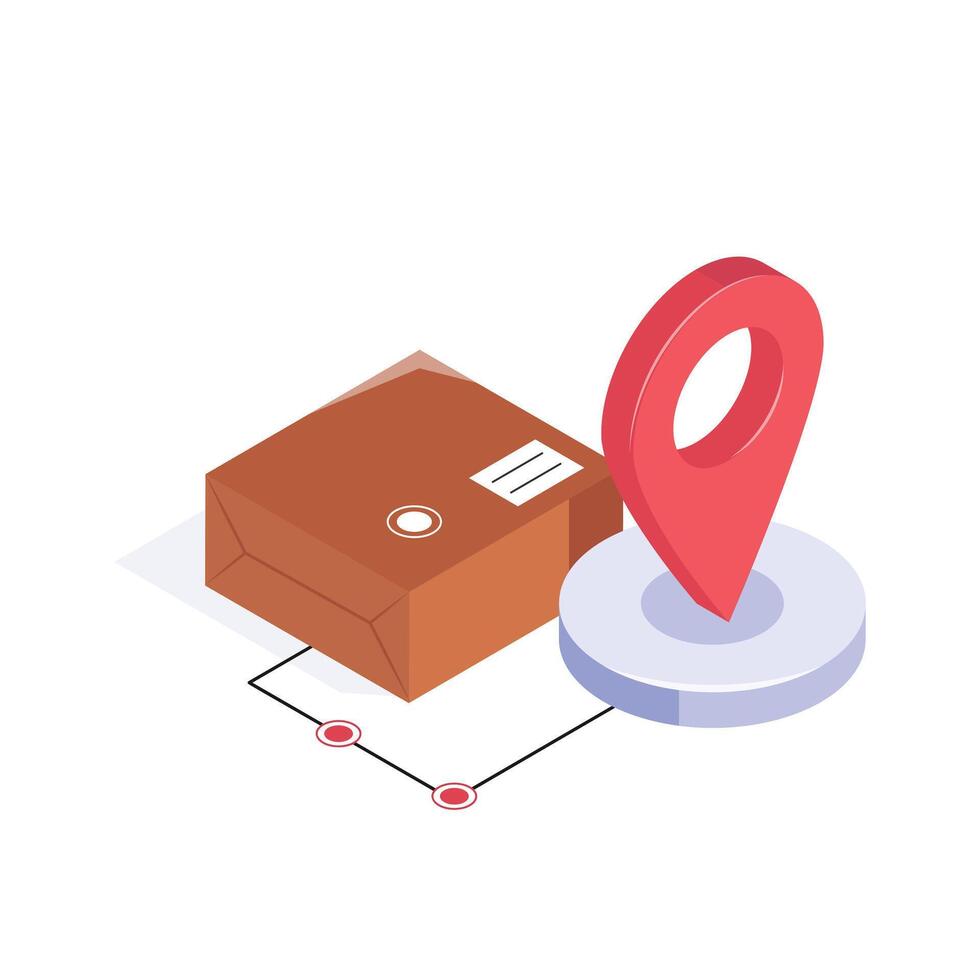 Package with map pin, concept isometric icon of delivery location vector