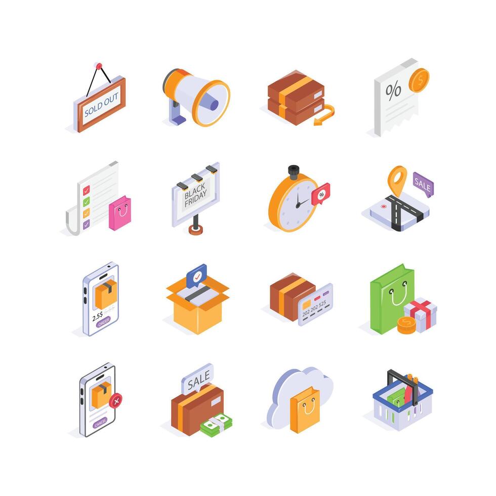 Pack of shopping and ecommerce isometric icons in modern style vector