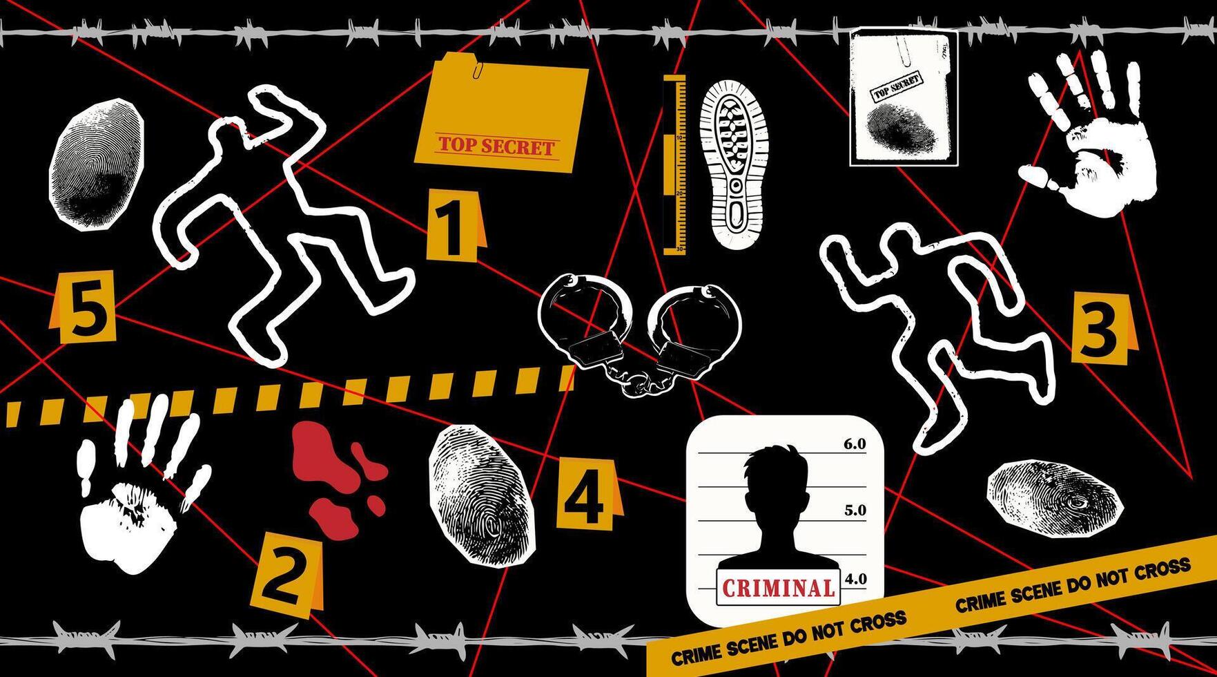 Crime scene halftone collage illustrations. Trending elements for collage crime investigation, detective. Fingerprints, footprints, crime tape, blood, crime scene photo, suspect silhouettes vector