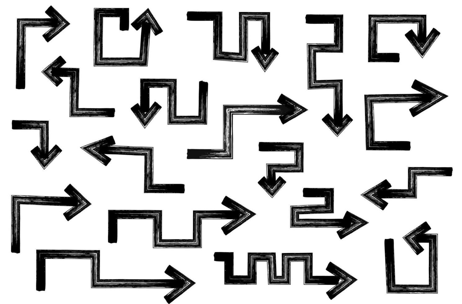 Set of hand drawn various curved lines and arrow curls. Drawing with a marker, different arrows in pencil. Set of icons. Outline direction signs. vector