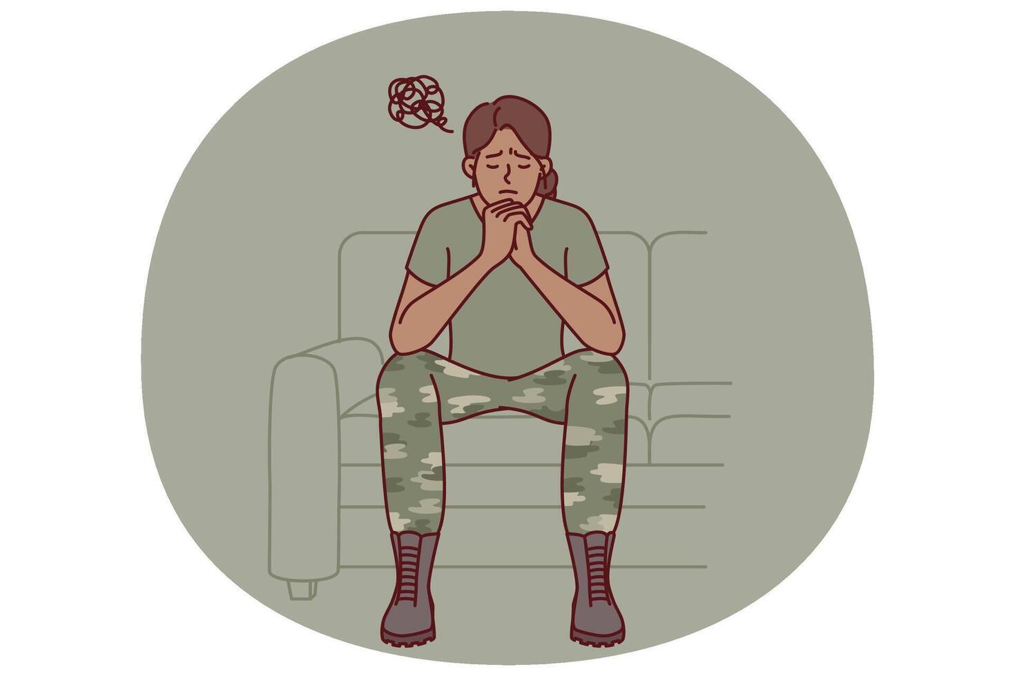 Woman soldier suffers from ptsd caused by bad memories after participating in combat operations vector
