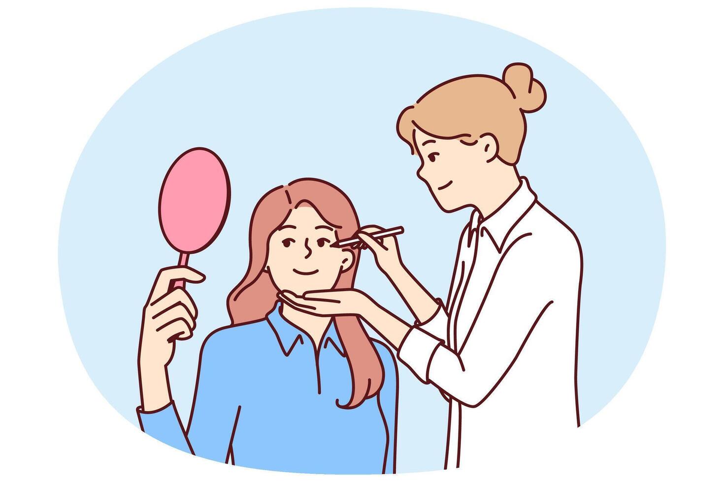 Woman beautician makes make-up of patient with mirror undergoing aesthetic treatment vector
