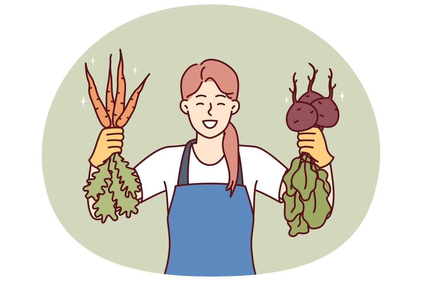 Woman is happy about good harvest of beets and carrots and demonstrates fresh vegetables vector
