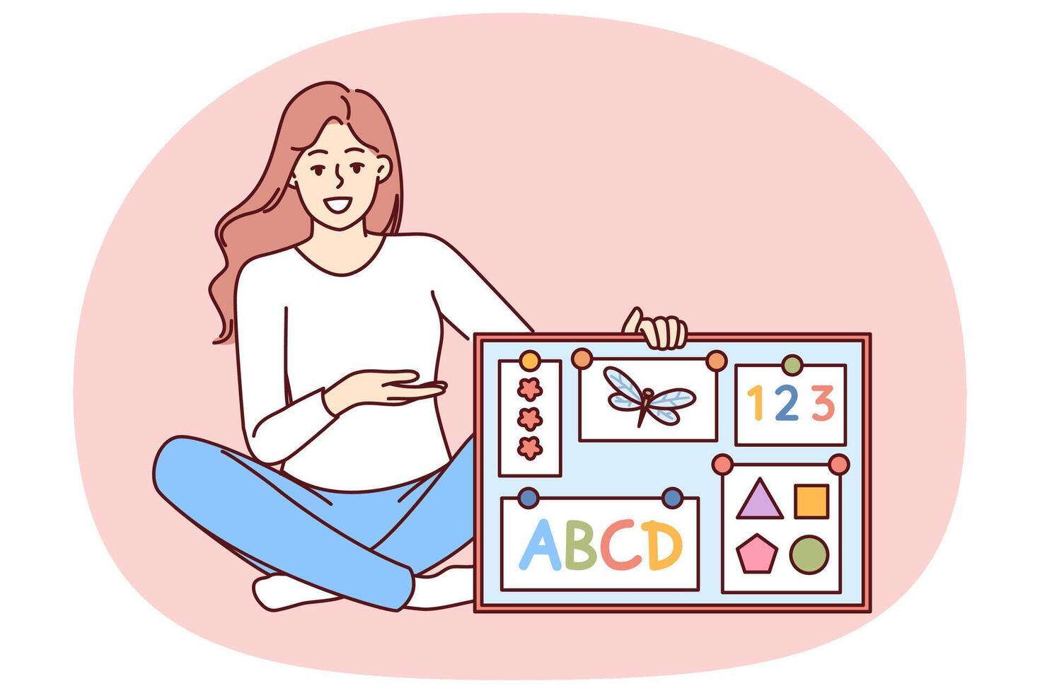 Woman english teacher in elementary school with magnetic board with multi-colored alphabet vector