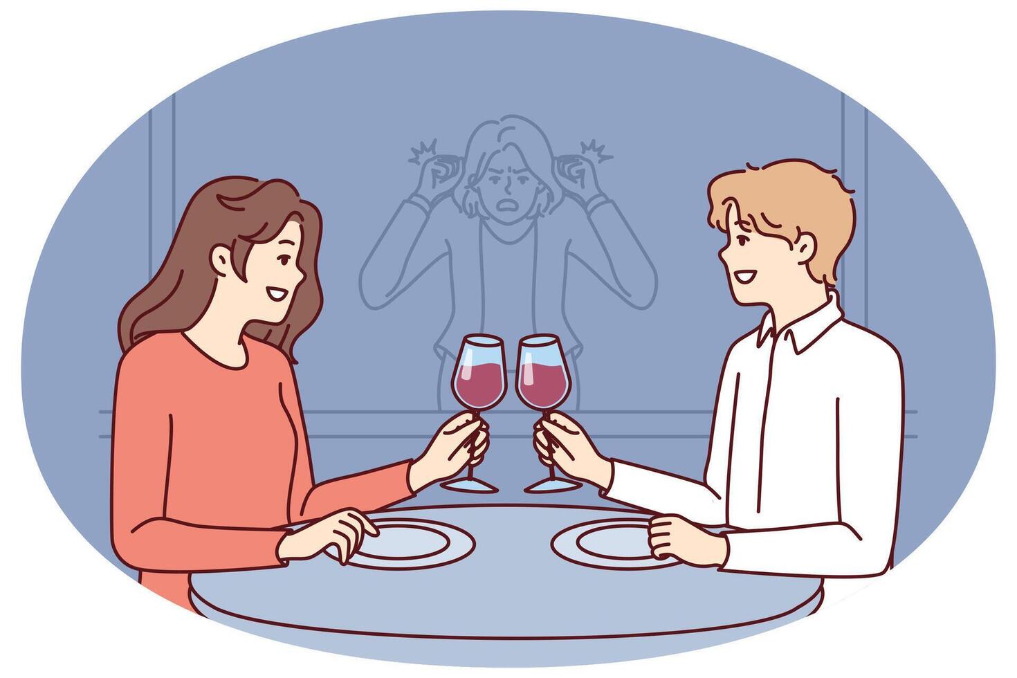 Stalker girl is watching date of former boyfriend drinking wine in restaurant with new girlfriend vector