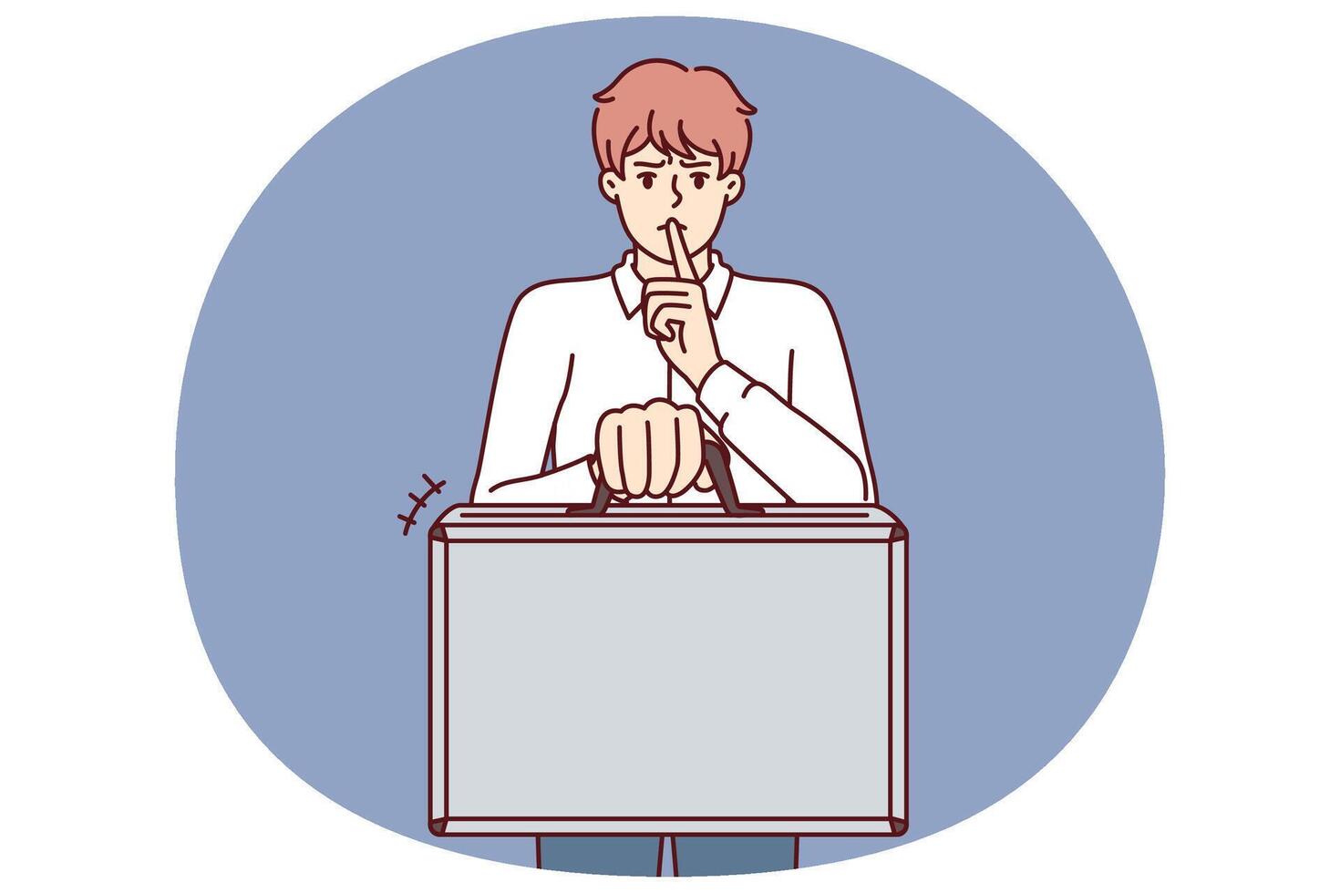 Business man holds suitcase and calls for silence without disclosing terms of contract and NDA rules vector