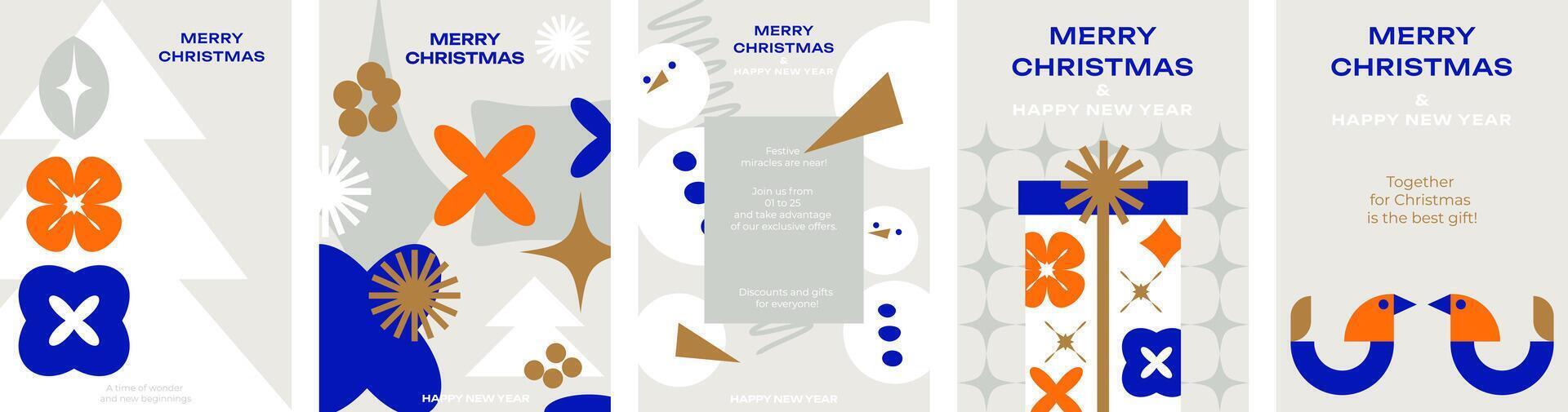 Collection of minimalist Christmas cards. Geometric design, Christmas trees, snowmen, Christmas toys, gifts. Great for greetings, business, advertising, winter promotions. vector