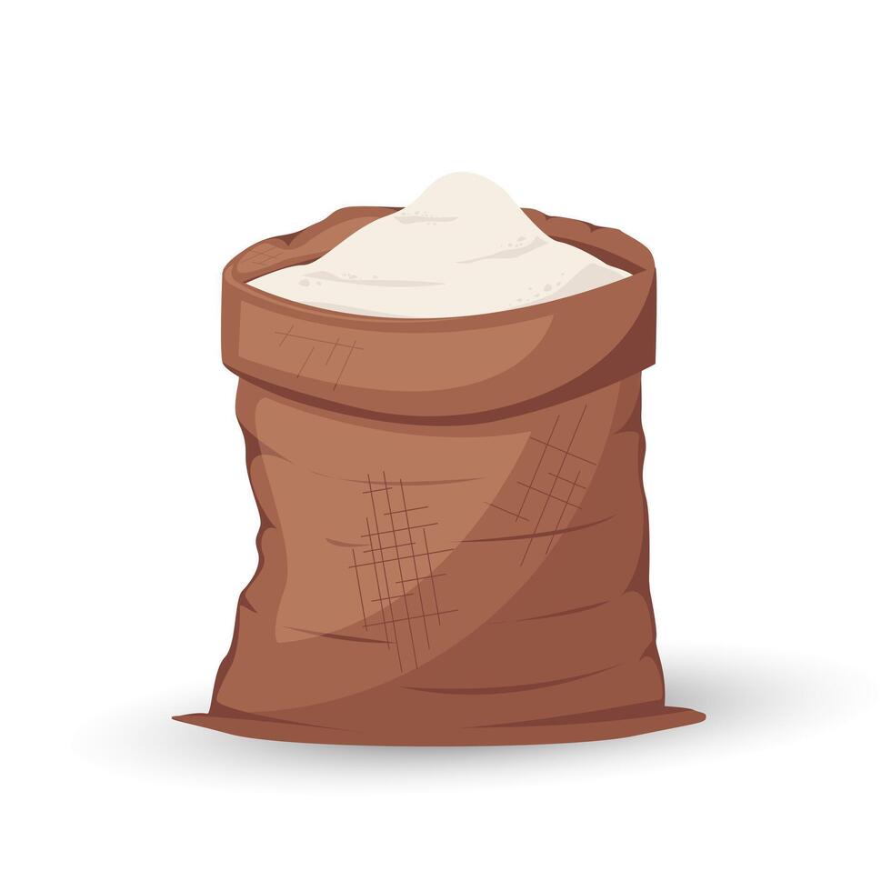 Full bag of flour. Cartoon open big burlap brown sack with pile of flour. illustration for banner, postcard, packaging vector