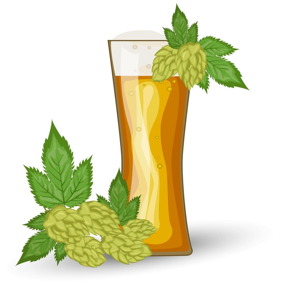 Beer glass filled to the brim with a golden amber brew. Sprig of hops. Beer mug with foam. designs for use in banner,poster,card,invitation. Oktoberfest vector