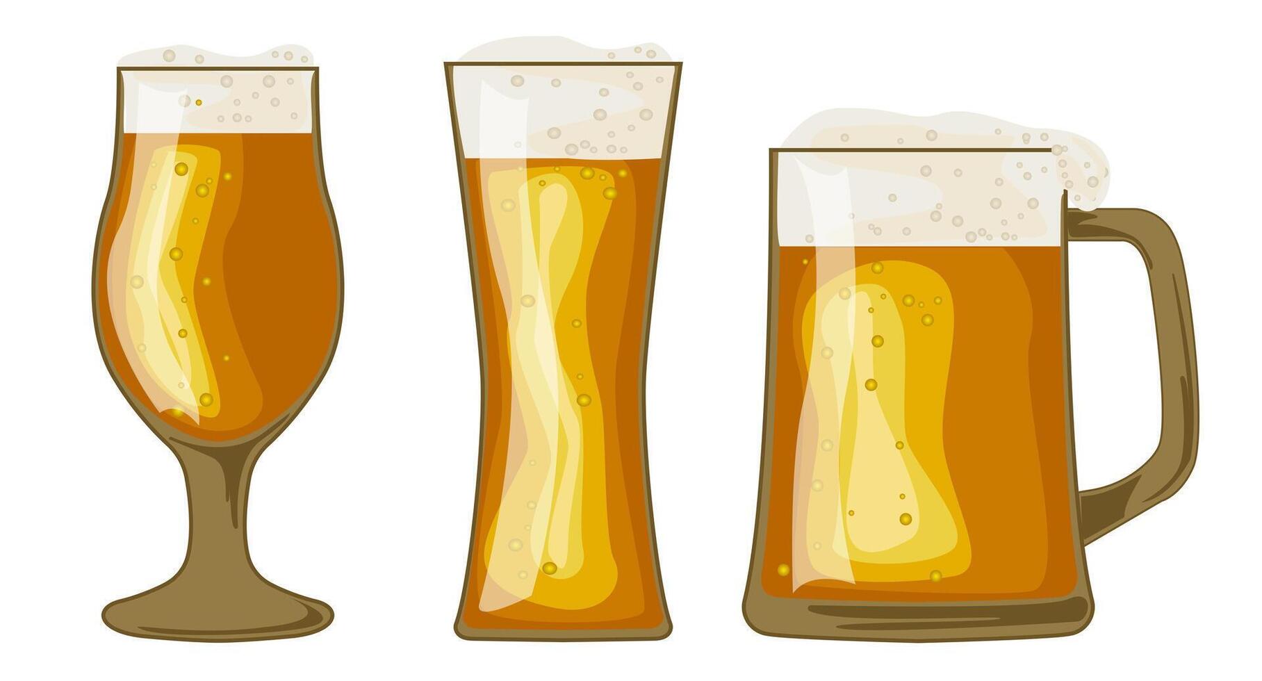 Set of various beer glasses filled to the brim with a golden amber brew. Beer mugs with foam. ector designs for use in banner,poster,card,invitation. Oktoberfest vector
