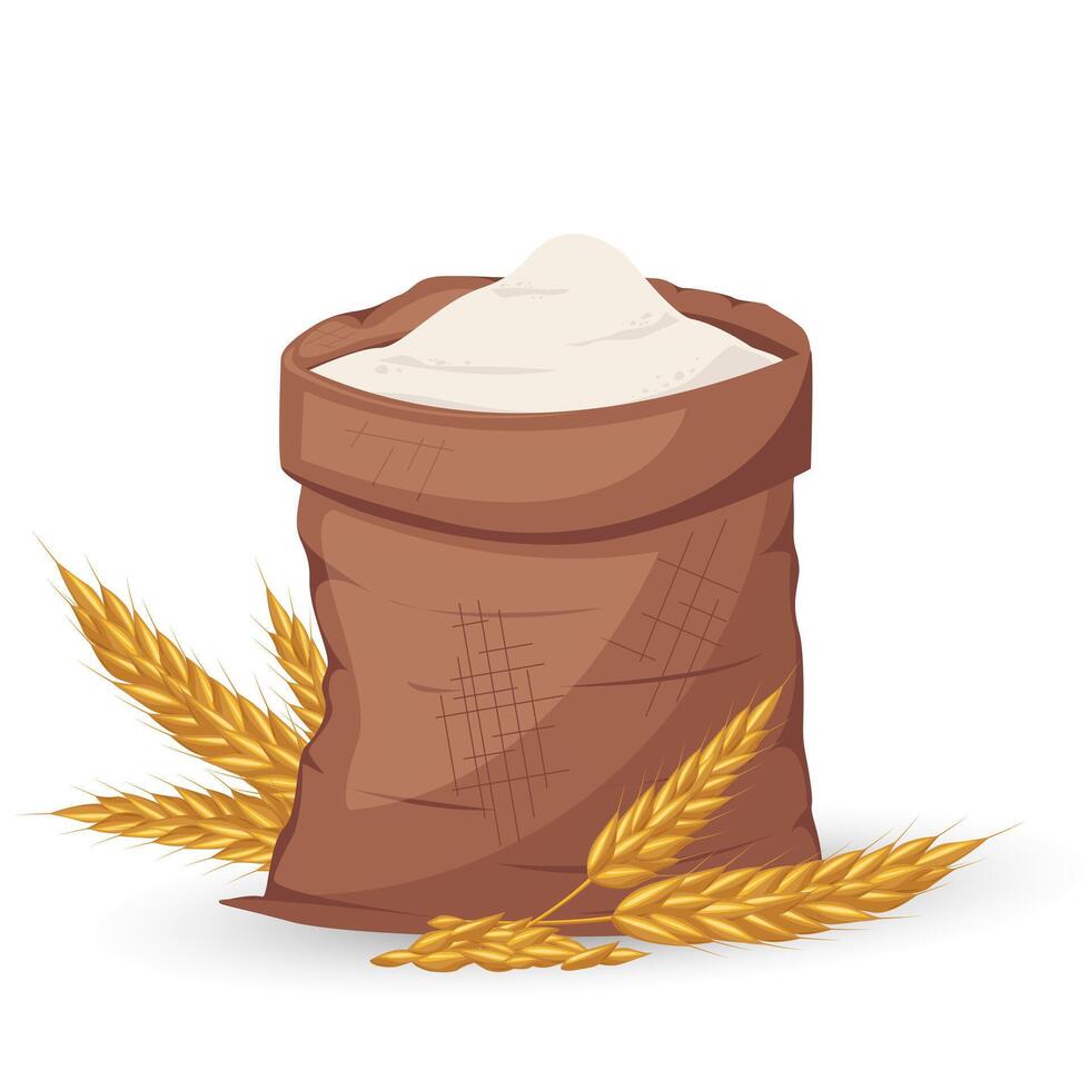 Full bag of flour with wheat ears. Cartoon open big burlap brown sack with pile of flour. illustration for banner, postcard, packaging vector