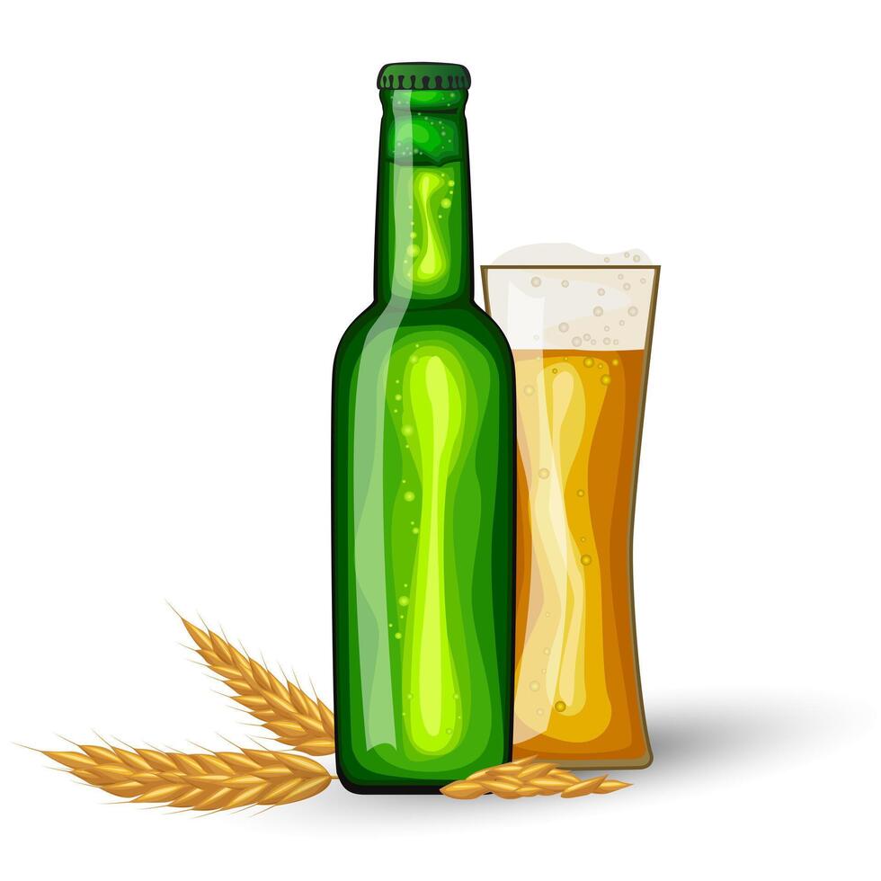 Green beer bottle and glass filled to the brim, ears of barley. Beer mug with foam. designs for use in banner,poster,card,invitation. Oktoberfest vector
