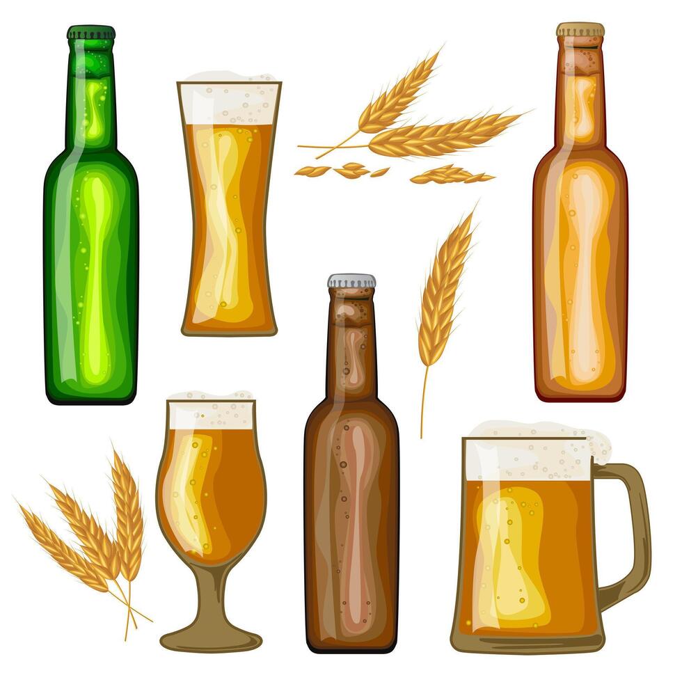 Set mugs and glasses with foaming drink, ingredients for brewing. designs for use in banner,poster,card,invitation. Oktoberfest vector