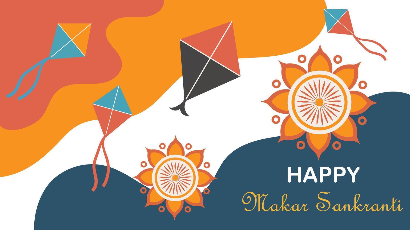 Happy Makar Sankranti greeting festival card, Banner, poster with kite, sun illustration graphic design vector