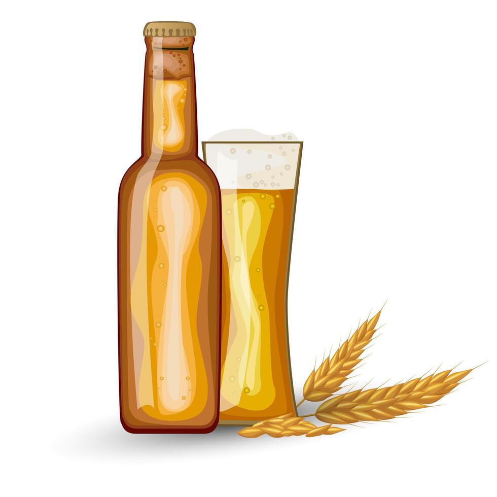 Beer bottle and glass filled to the brim, ears of barley. Beer mug with foam. designs for use in banner,poster,card,invitation. Oktoberfest vector