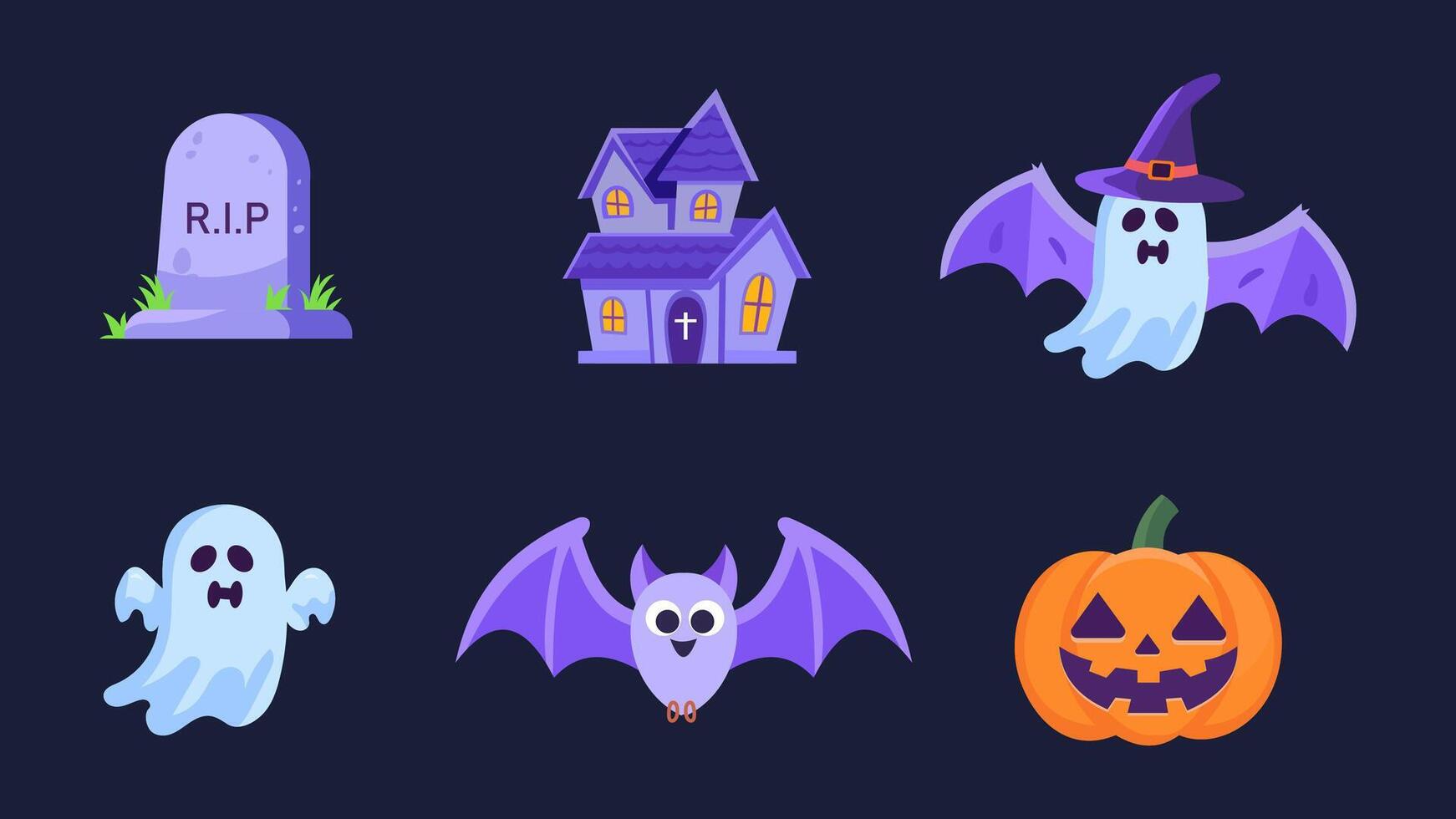 Halloween icons set with ghosts, bats, tombstones and pumpkins vector