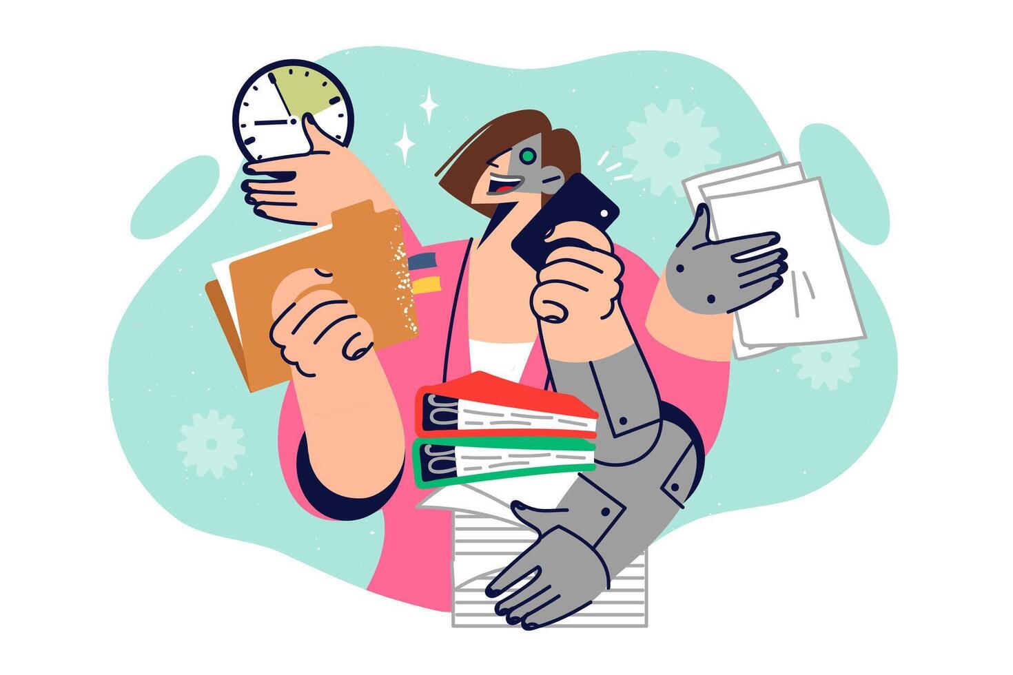 Cyborg woman works with high productivity in multitasking mode, thanks to innovative technologies vector