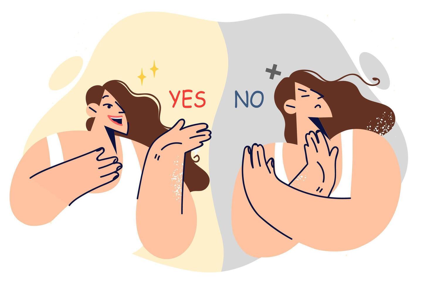 Different decisions from two women demonstrating gesture of denial or agreement to proposal heard vector