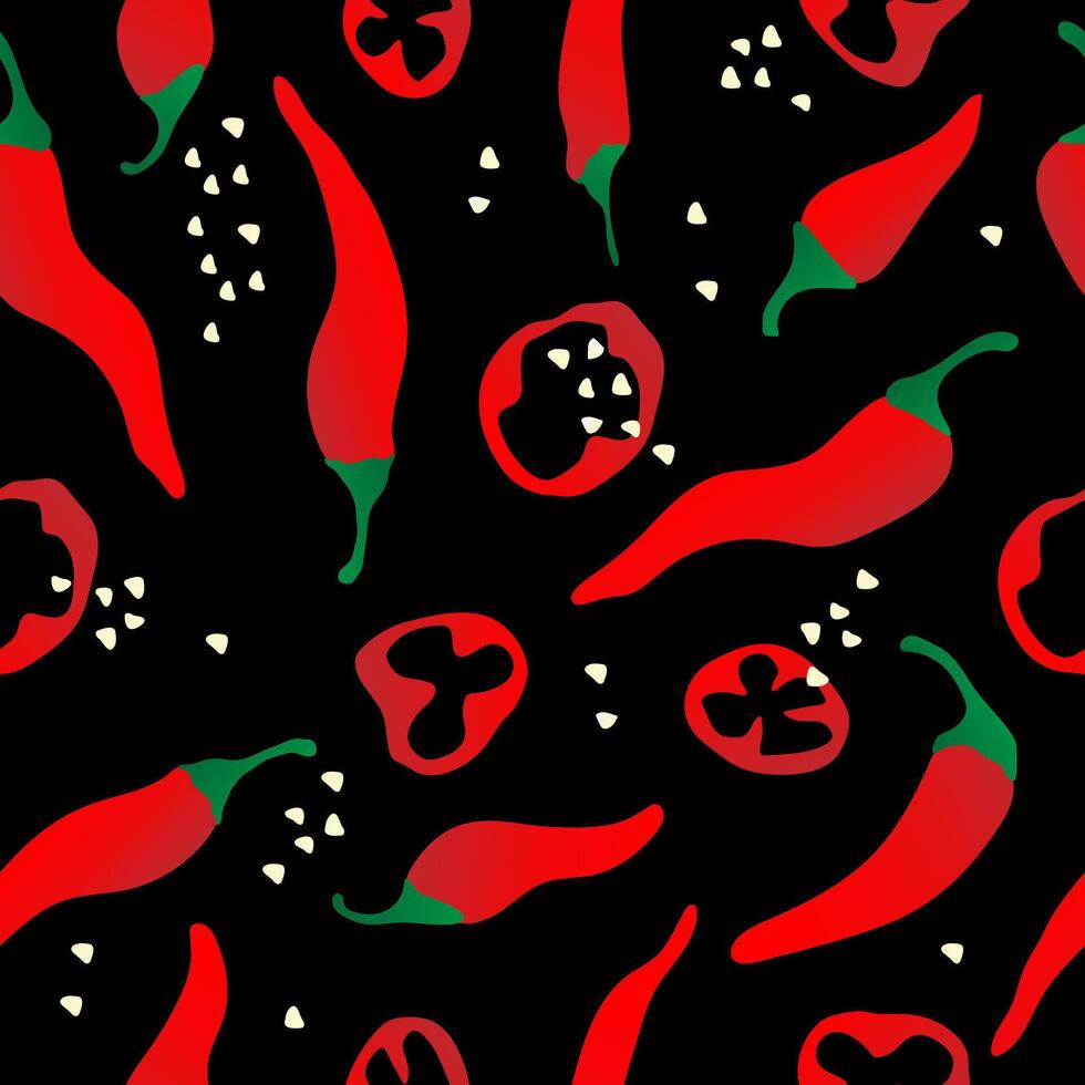 Seamless pattern with hand drawn red chili pepper on black background. Design for fabric, kitchen decor, wallpaper packaging paper. vector