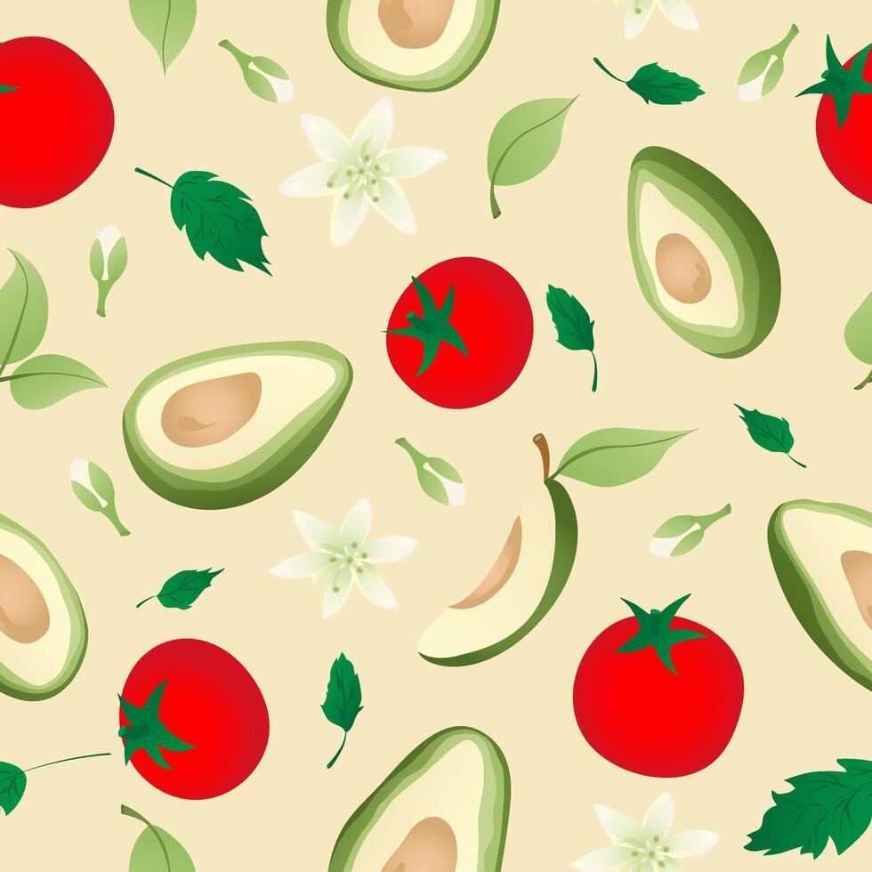 Seamless pattern with hand drawn green avocado halves and tomato. Fresh organic vegetable, healthy, vegan, raw food. vector