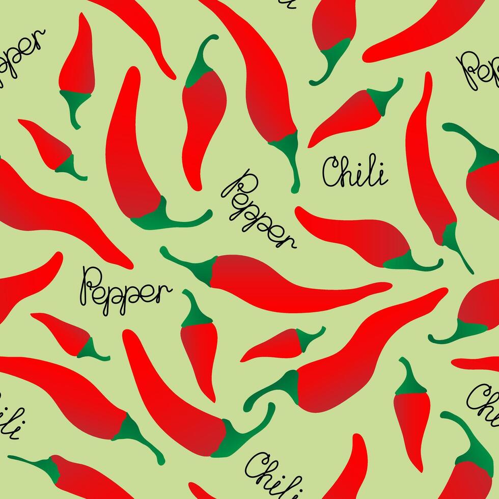 Seamless pattern with hand drawn red chili pepper on black yellow background. Design for fabric, kitchen decor, wallpaper packaging paper. vector