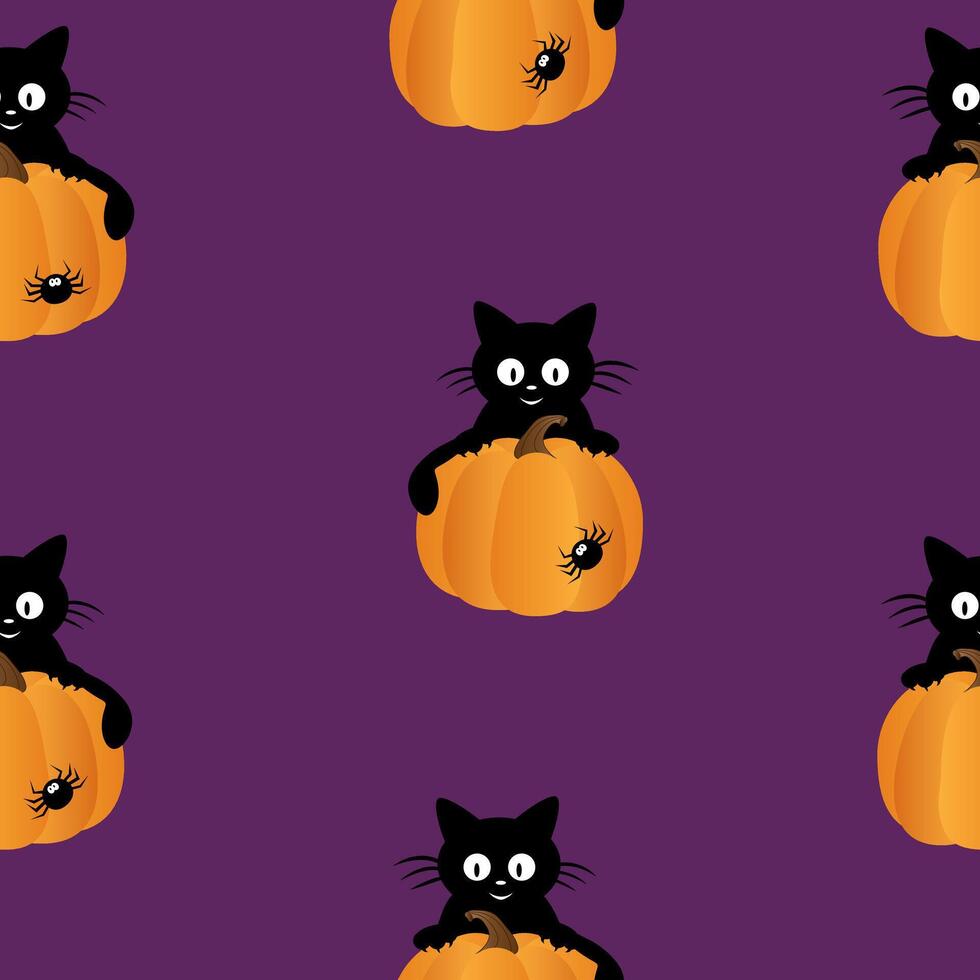 Happy Halloween seamless pattern postcard, banner, flyer on purple background with spider and black kitten, sitting on a pumpkin. vector