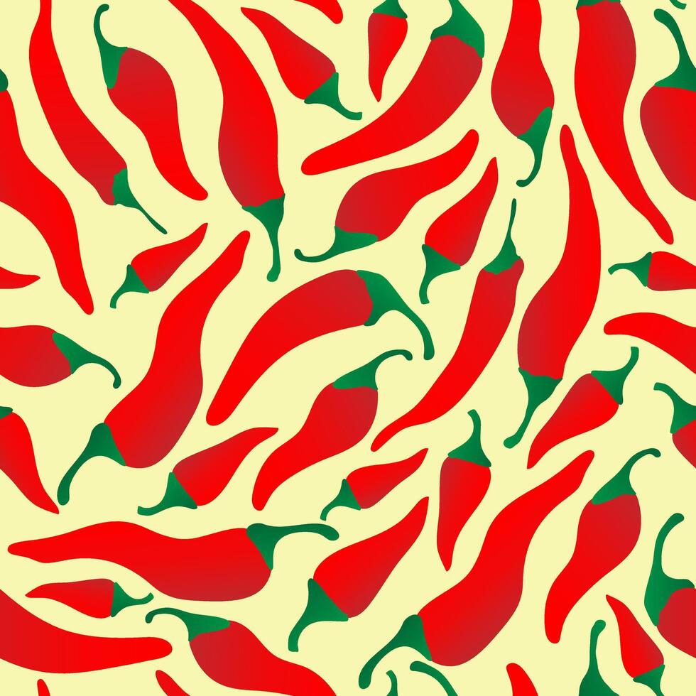 Seamless pattern with hand drawn red chili pepper on yellow background. Design for fabric, kitchen decor, wallpaper packaging paper. vector