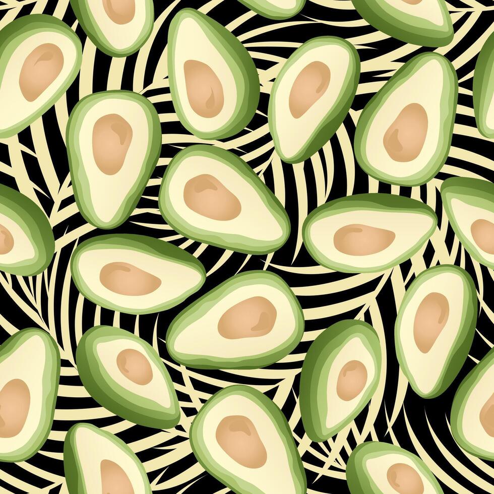 Seamless pattern with hand drawn tropical palm leaves and avocado slice on black background. vector