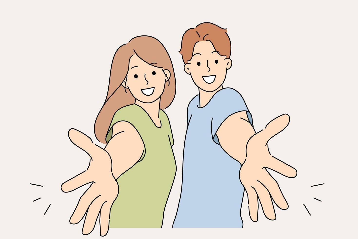 Welcoming gesture made by man and woman inviting you to visit or wanting to hug friends vector