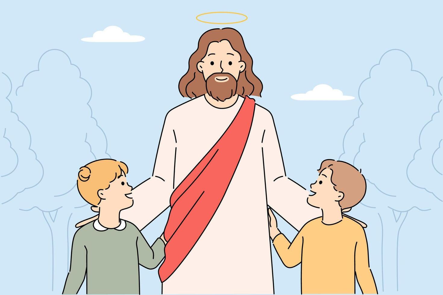 Jesus christ leads children along, telling them about importance of christian religion vector