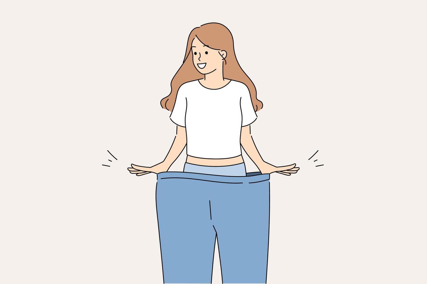 Happy woman lost weight smiles while trying on large size pants and rejoices at progress vector