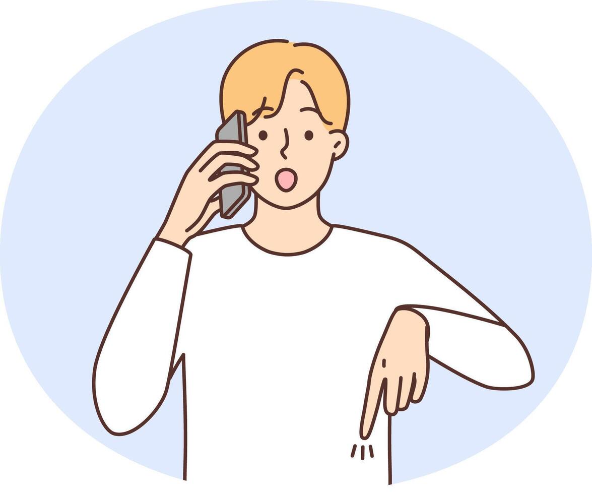 Stunned man on phone call point at deal vector