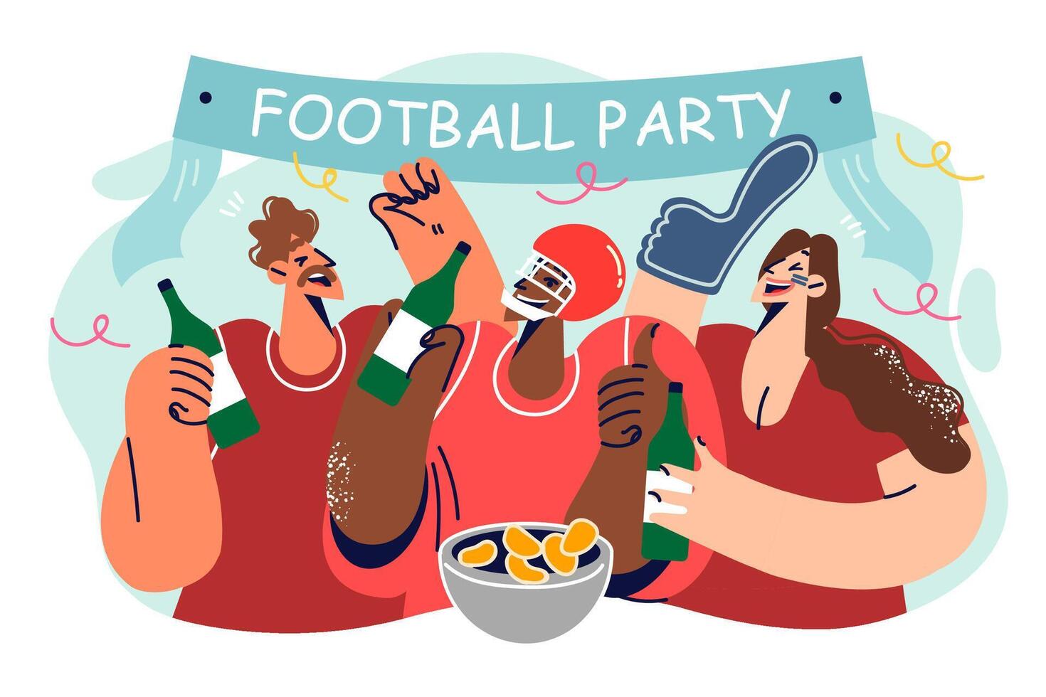 Football party with group of people drinking beer and eating pizza while cheering on college team vector