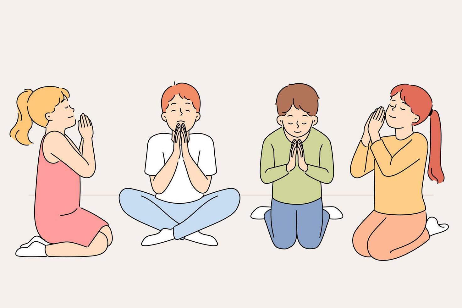 Little children pray on knees and ask god for toys or good grades in school exams vector