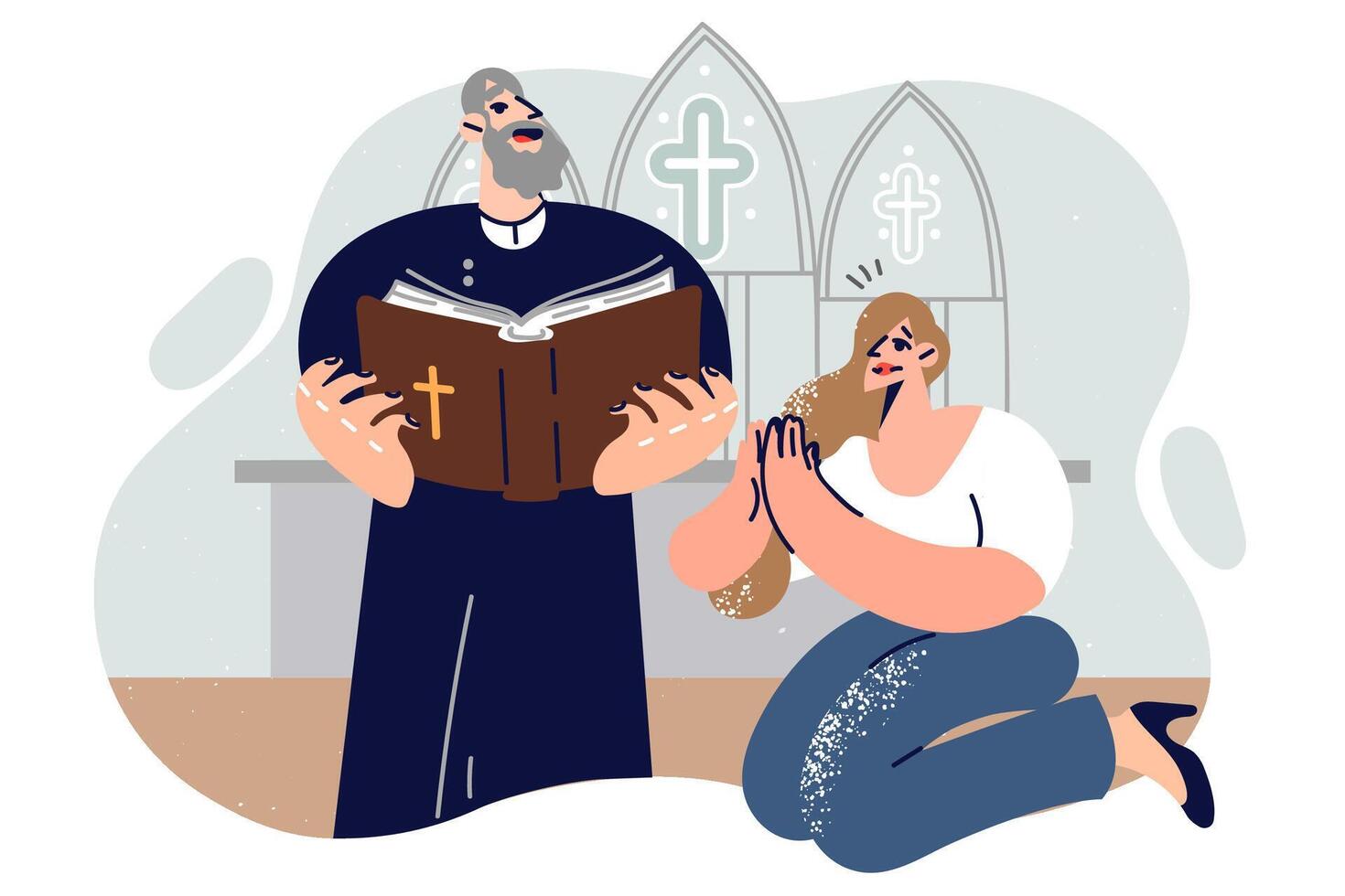 Woman prays on knees in church, next to priest reading bible and hearing sinner in confession vector