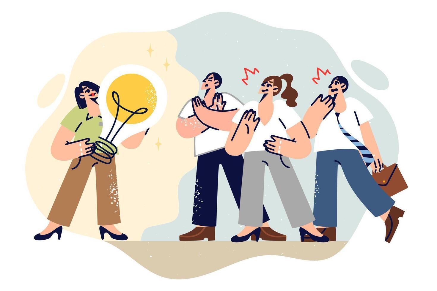 Business people reject idea of colleague standing with large light bulb in hands vector