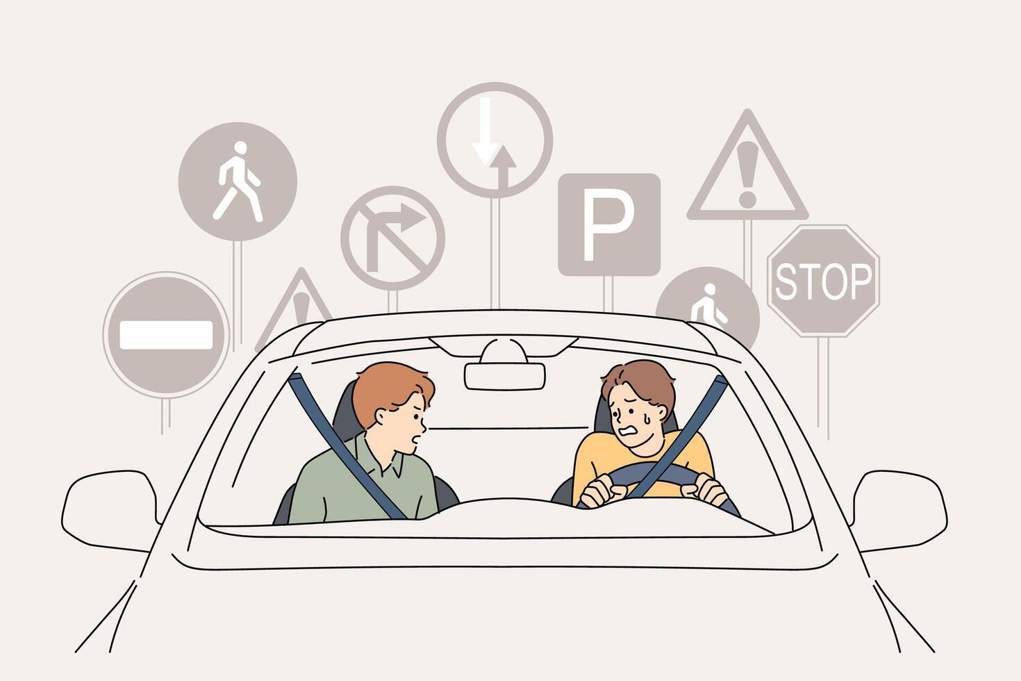 Man bad driver and panics driving car and gets confused with road signs due to weak nervous system vector
