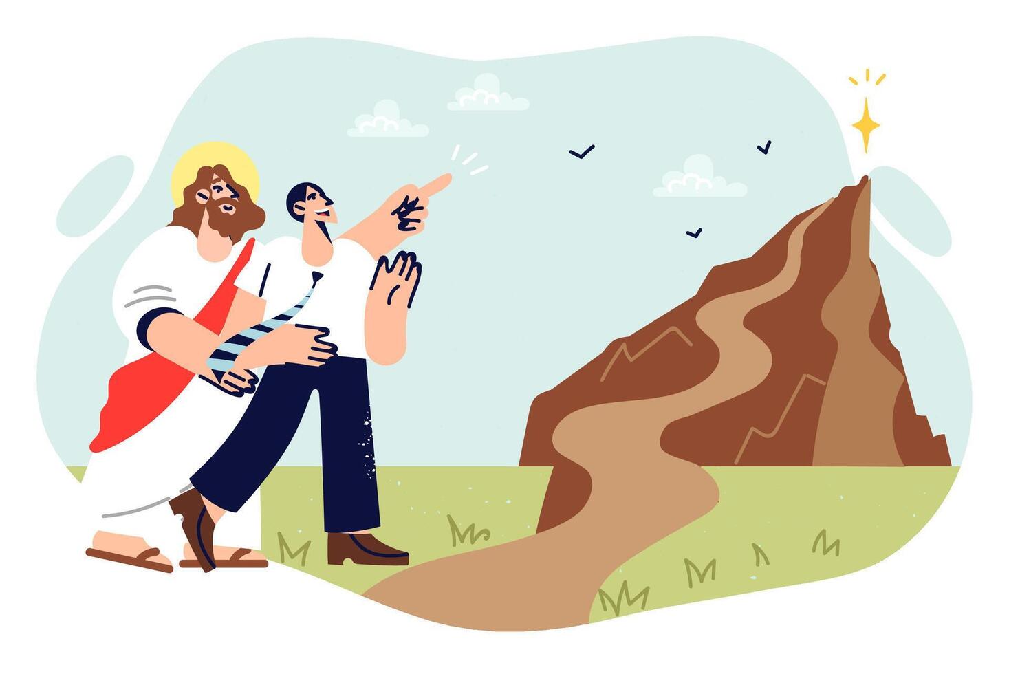 Jesus christ shows way to businessman, supporting entrepreneur on path to success vector