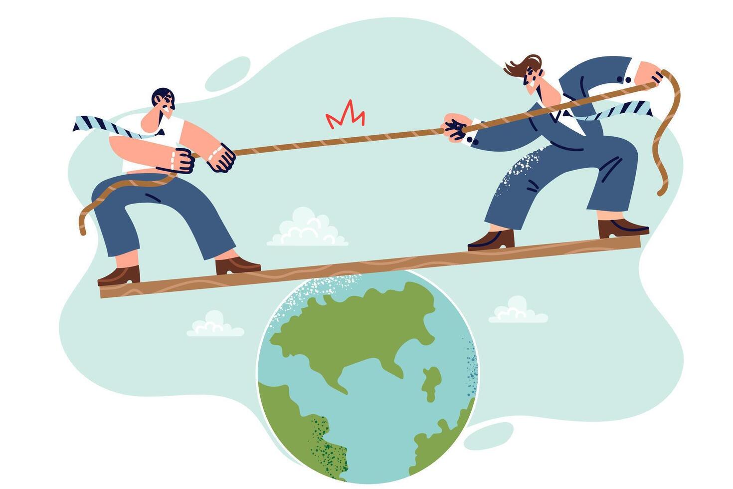 Political struggle between presidents of different countries, tug of war standing on planet earth vector