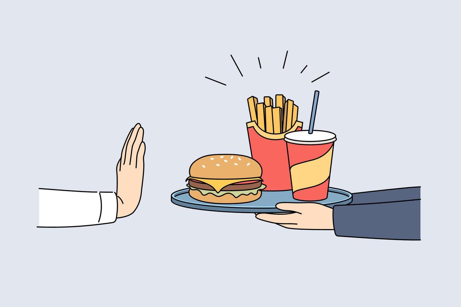 Refusal from fast food and harmful products demonstrated by hand of man, rejecting tray with burger vector