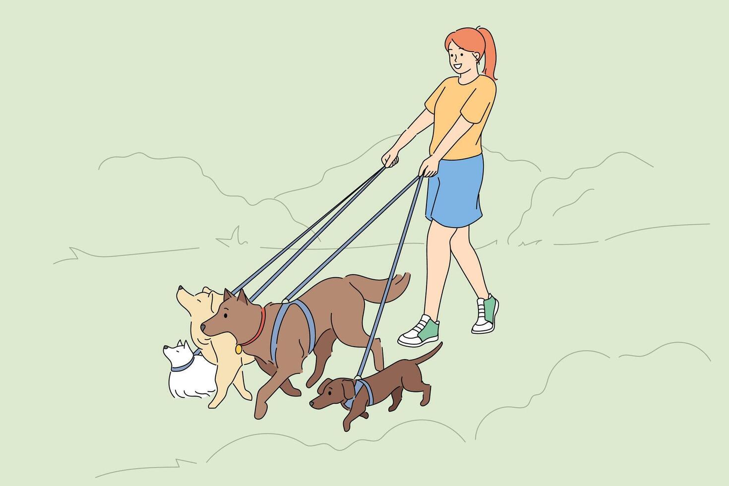 Woman walks dogs of different breeds, enjoying opportunity to spend time in fresh air with pets vector