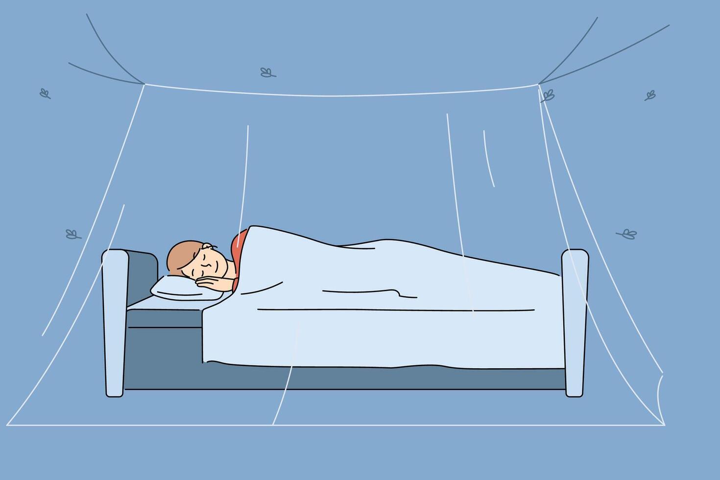 Mosquito net over sleeping woman bed allows to get rid of discomfort from midges and insects vector