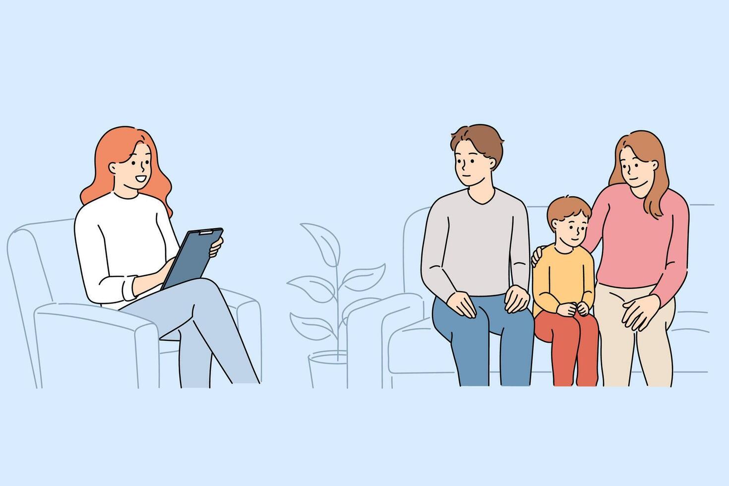 Family conversation with psychologist for parents and child in need of normalization relationships vector