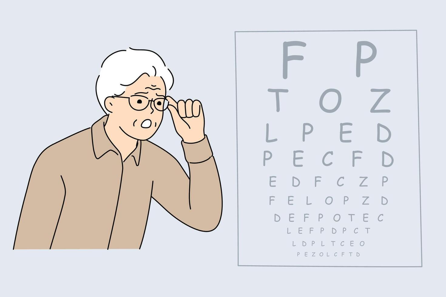 Vision test for elderly man looking at table with letters at appointment with ophthalmologist vector